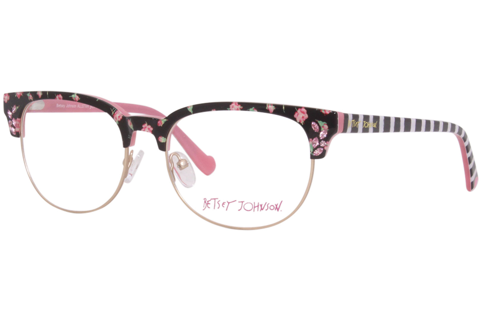 Betsey Johnson Allstar BLK Eyeglasses Women S Black Pink Full Rim 54 17   Betsey Johnson Allstar Eyeglasses Womens Full Rim Square Shape Black Pink White Gold Blk 1 