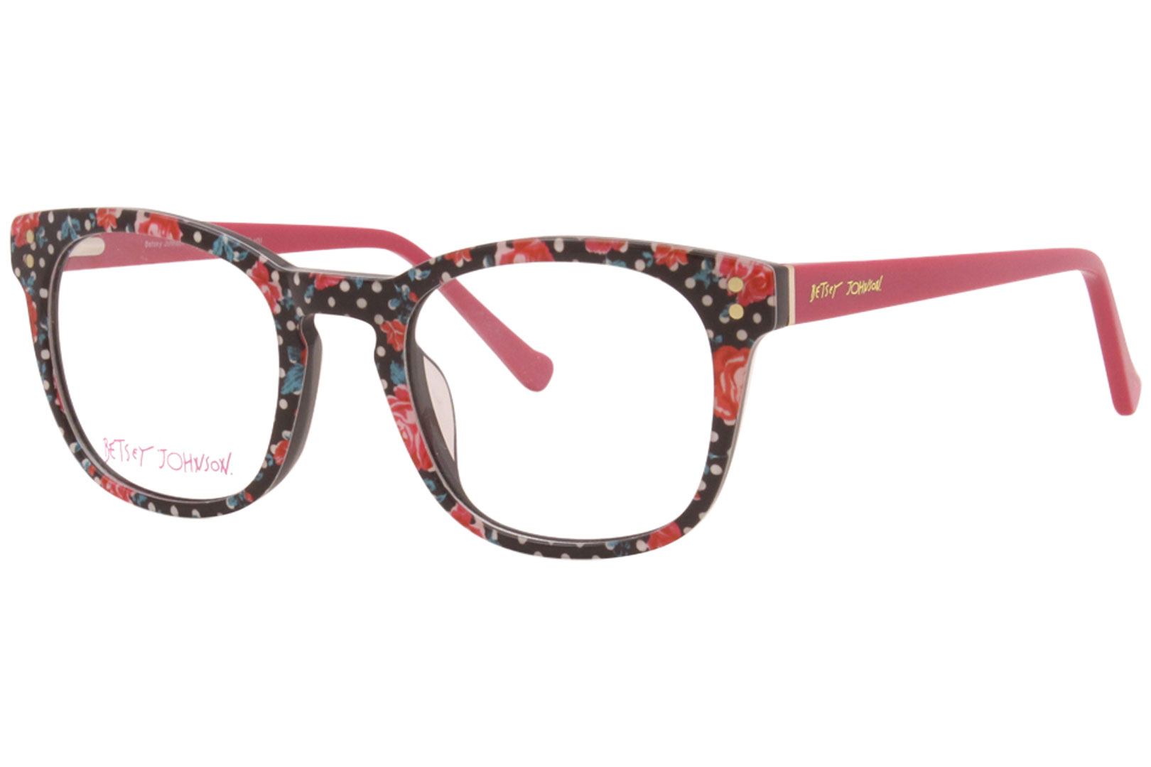 Betsey Johnson Eyeglasses Women S Fierce Pol Polka Dots Rose Print 52   Betsey Johnson Fierce Eyeglasses Womens Full Rim Square Optical Frame Polka Dots Rose Print Pink Gold Logo Pol 1 